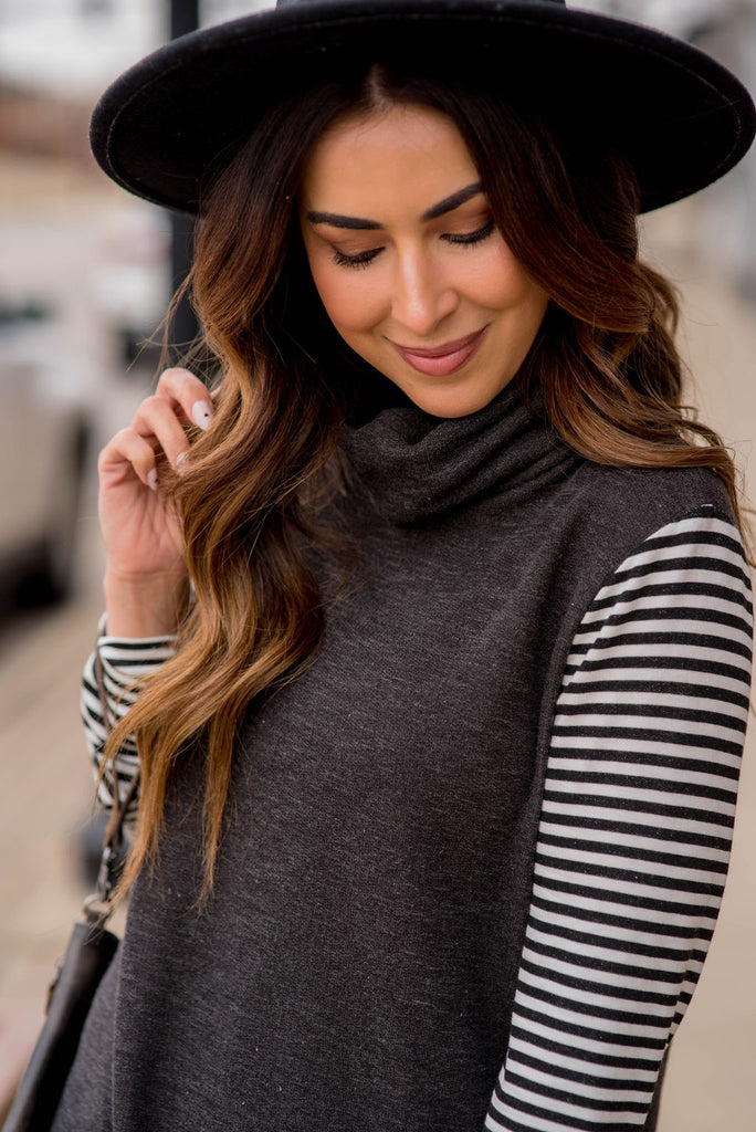 Heathered Striped Sleeve Cowl Neck Sweatshirt - Betsey's Boutique Shop -