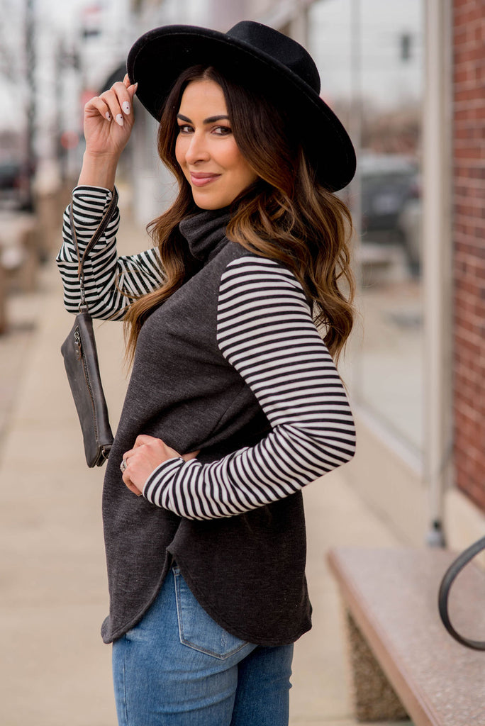 Heathered Striped Sleeve Cowl Neck Sweatshirt - Betsey's Boutique Shop -