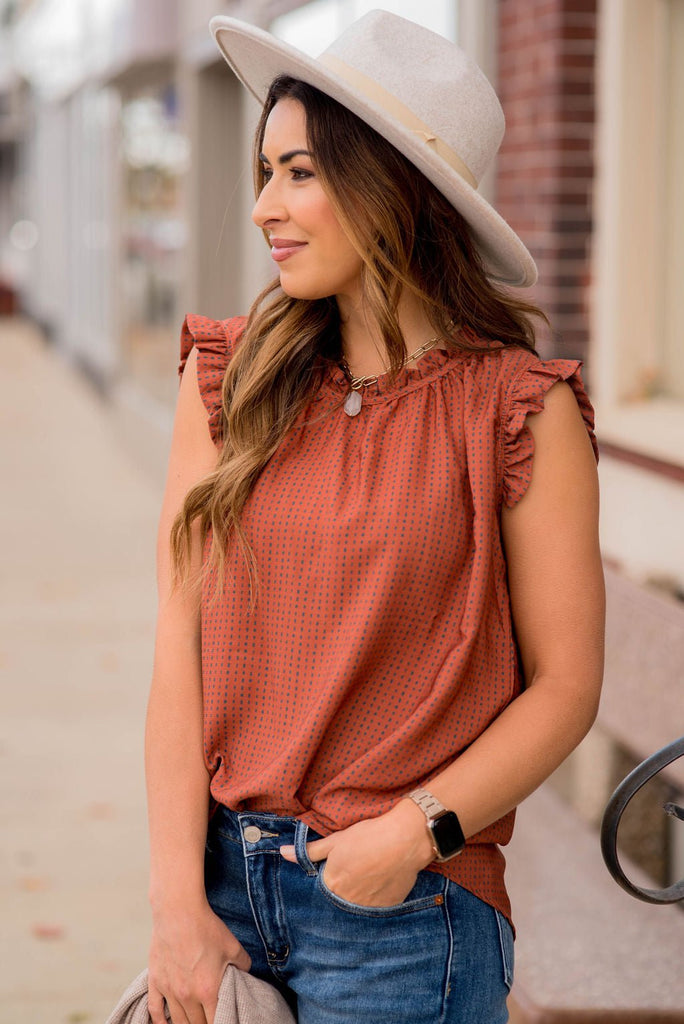 Printed Ruffle Sleeve Cinch Neck Tank - Betsey's Boutique Shop - Shirts & Tops