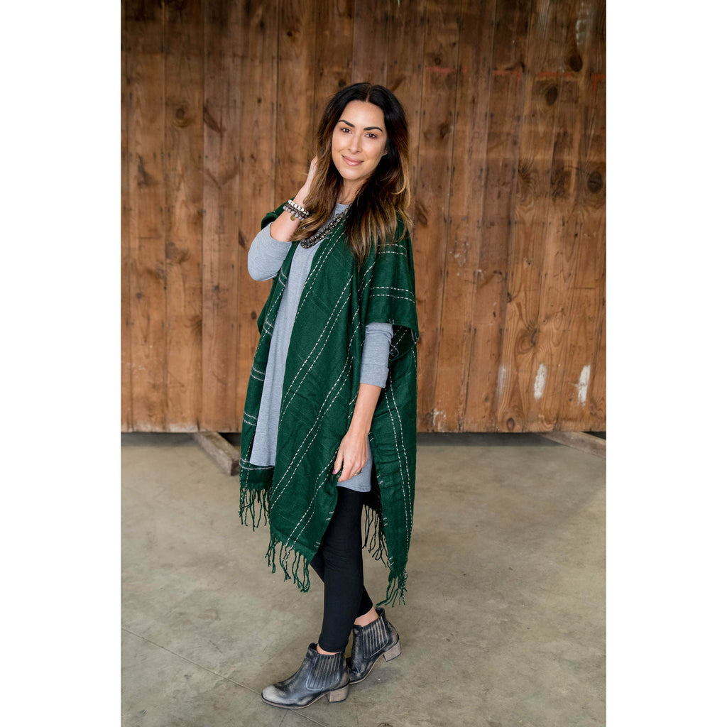 Hunter Green Plaid Fringe Bottom Poncho - Betsey's Boutique Shop