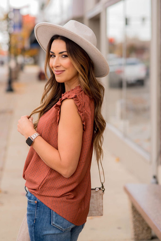 Printed Ruffle Sleeve Cinch Neck Tank - Betsey's Boutique Shop