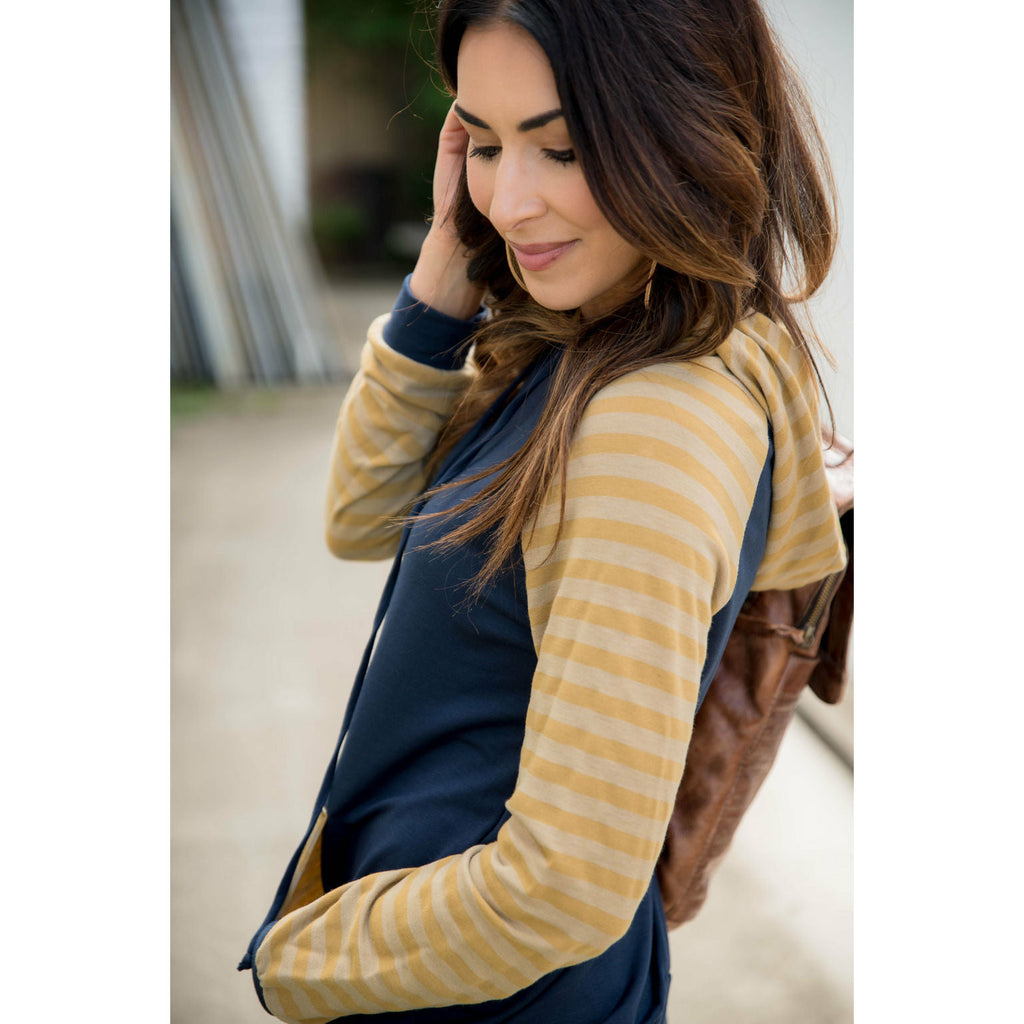 Striped Two Tone Sleeve/Pocket Hoodie - Betsey's Boutique Shop