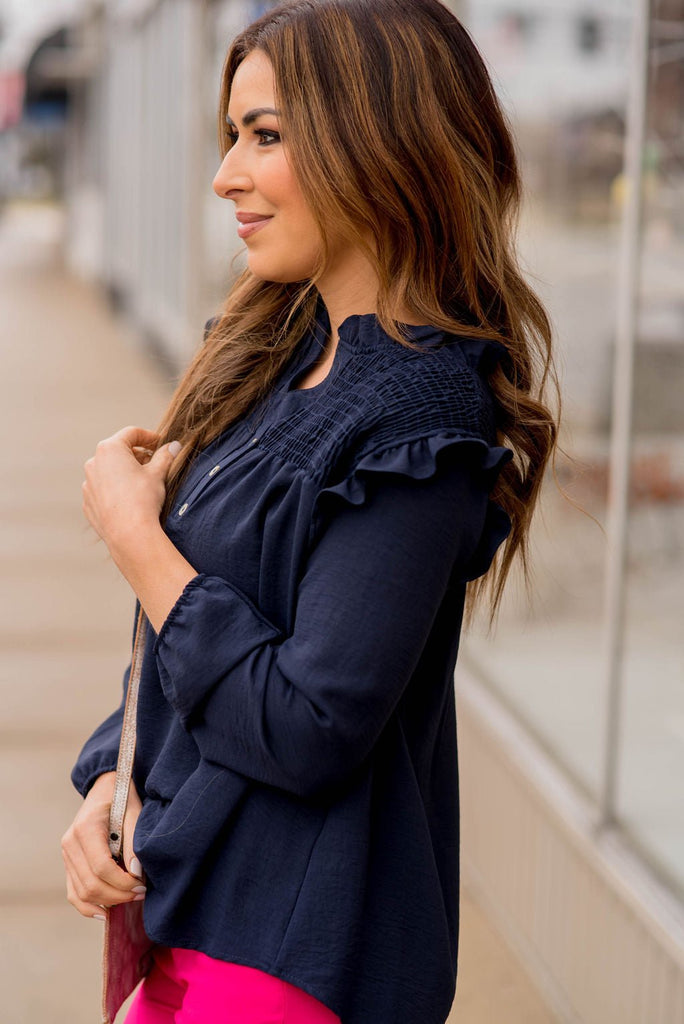 Ruched Ruffle Shoulder Blouse - Betsey's Boutique Shop -