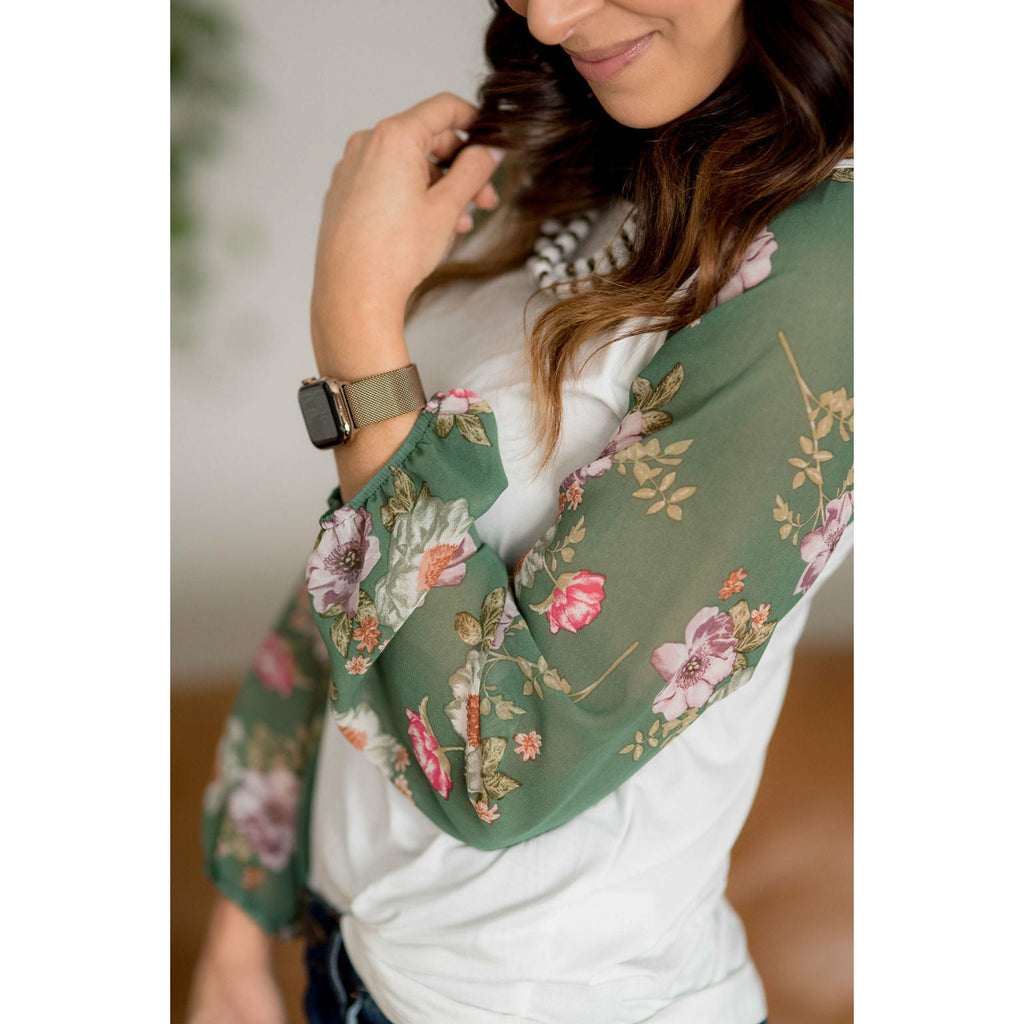 Floral Sheer Sleeve Blouse - Betsey's Boutique Shop