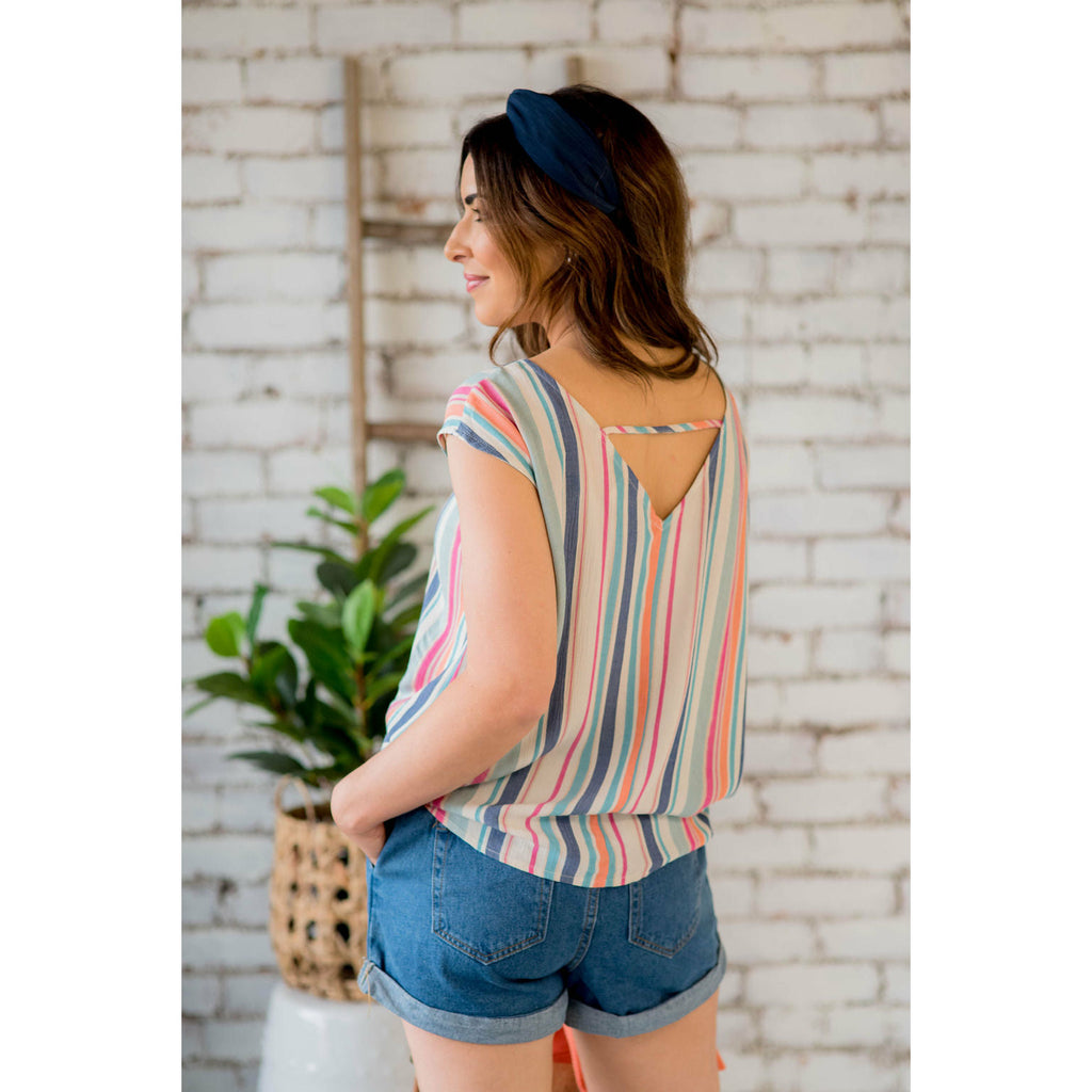 Multi Striped V Back Tee - Betsey's Boutique Shop