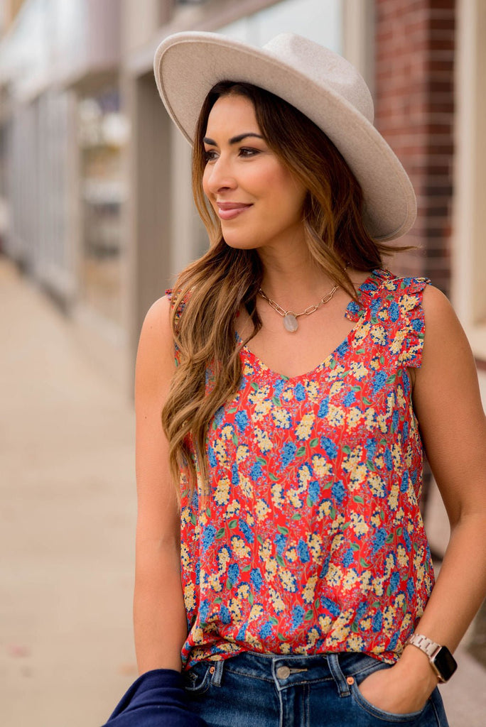 Micro Blossoms Ruffle Trim Tank - Betsey's Boutique Shop