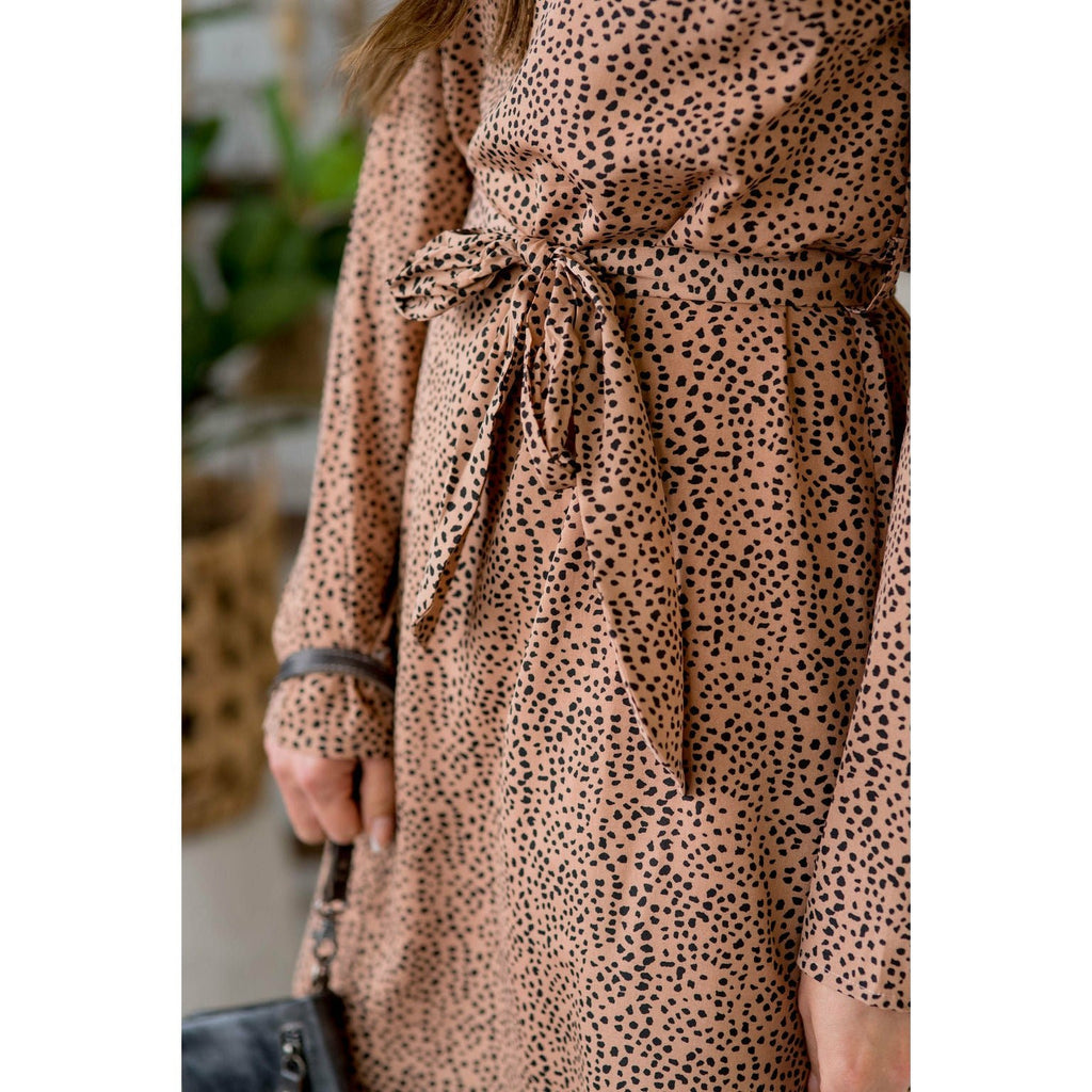 Cheetah Long Sleeve Tie Waist Dress - Betsey's Boutique Shop - Dresses