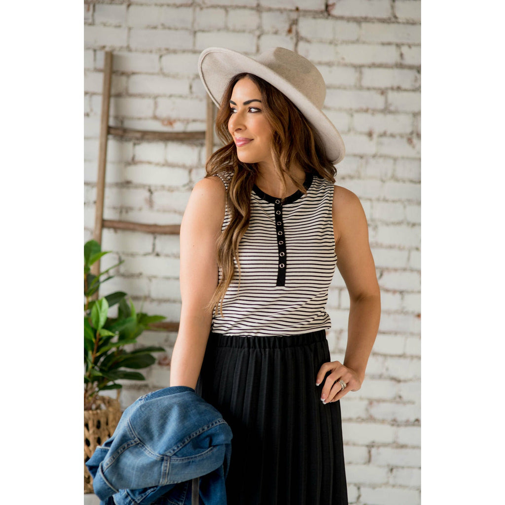 Ribbed Striped Button Accent Tank - Betsey's Boutique Shop