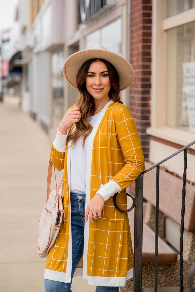 Grid Trimmed Tunic Cardigan - Betsey's Boutique Shop