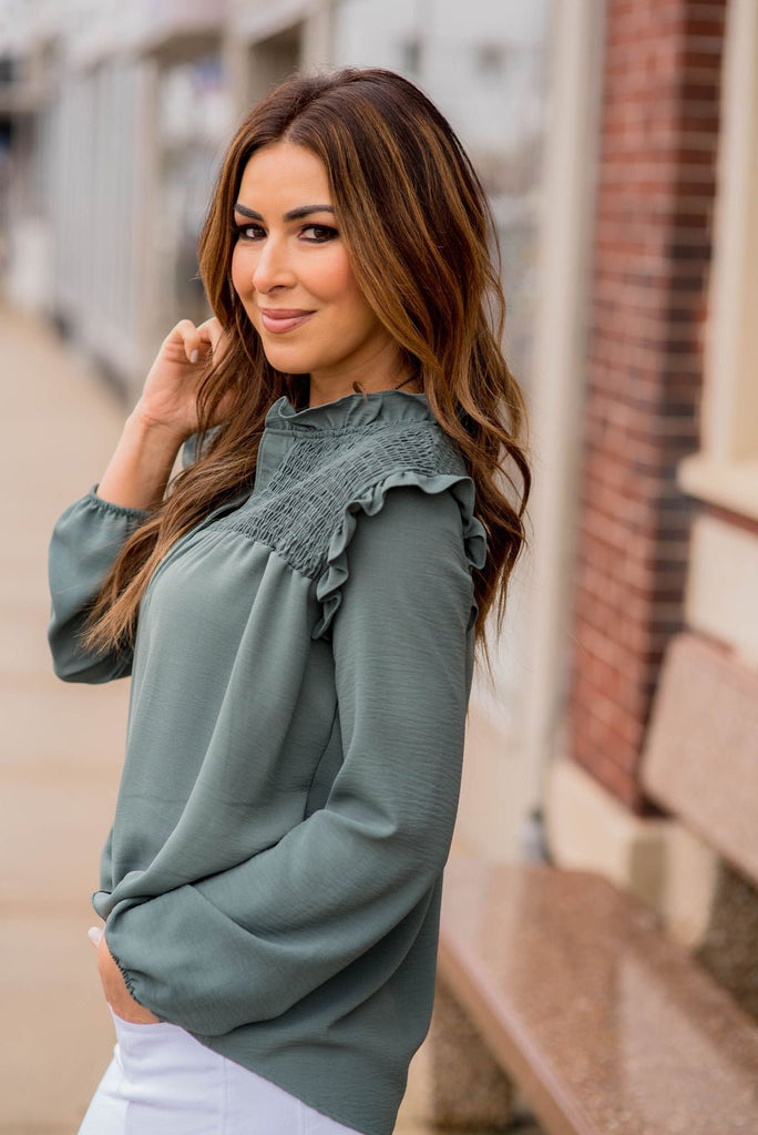 Ruched Ruffle Shoulder Blouse - Betsey's Boutique Shop -