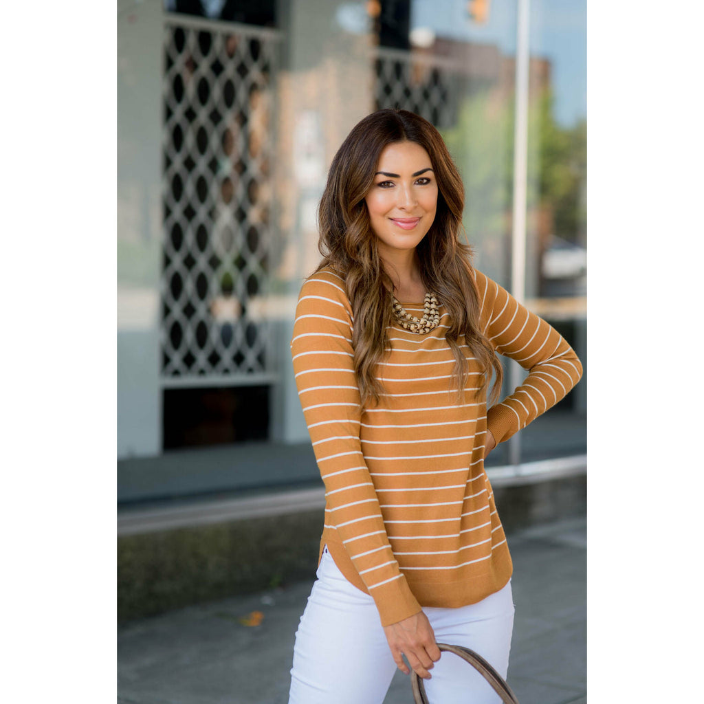 Striped Side Slit Sweater Tee - Betsey's Boutique Shop - Shirts & Tops