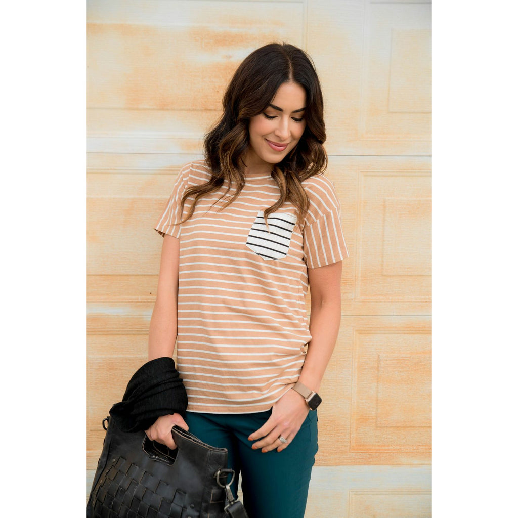 Contrasting Striped Pocket Tee - Betsey's Boutique Shop