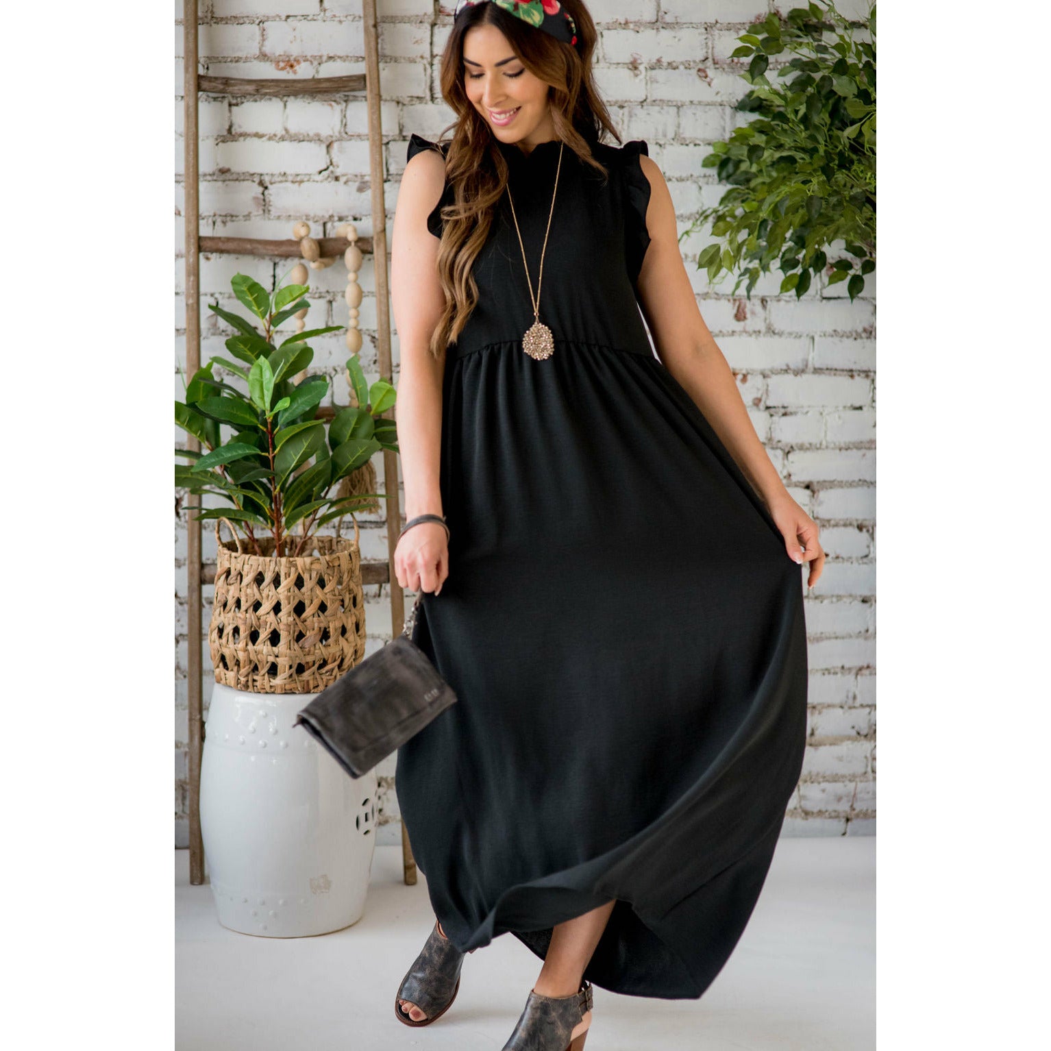 Dressy Ruffle Trim Maxi Dress Black / S Dressy Ruffle Trim Maxi Dress Black / S