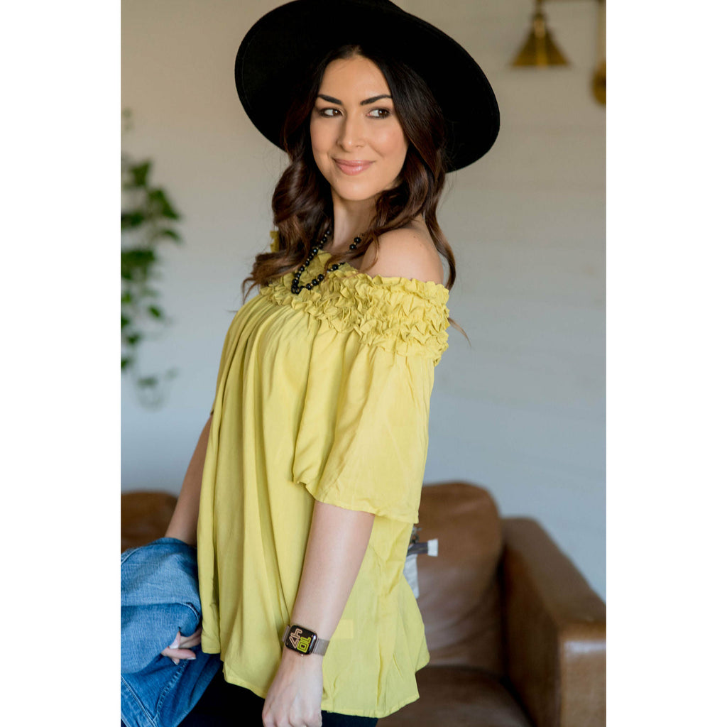 Ruffle Off The Shoulder - Pale Yellow - Betsey's Boutique Shop