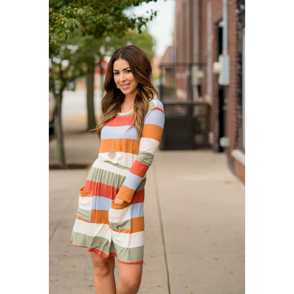 Striped Pocket Long Sleeve Dress - Betsey's Boutique Shop