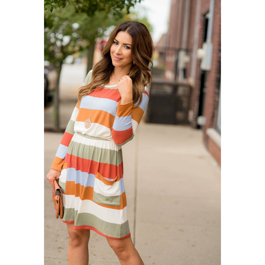 Striped Pocket Long Sleeve Dress - Betsey's Boutique Shop