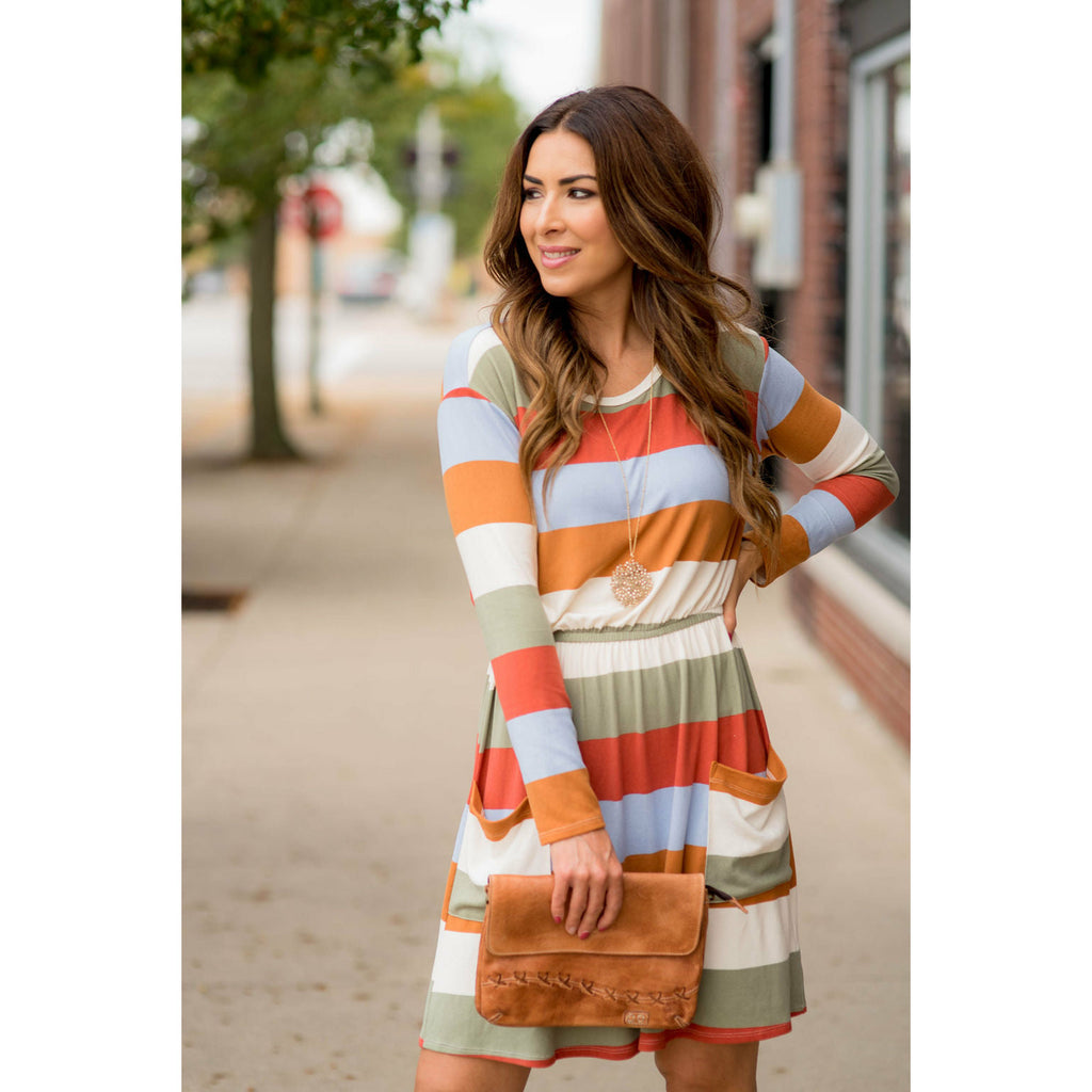 Striped Pocket Long Sleeve Dress - Betsey's Boutique Shop