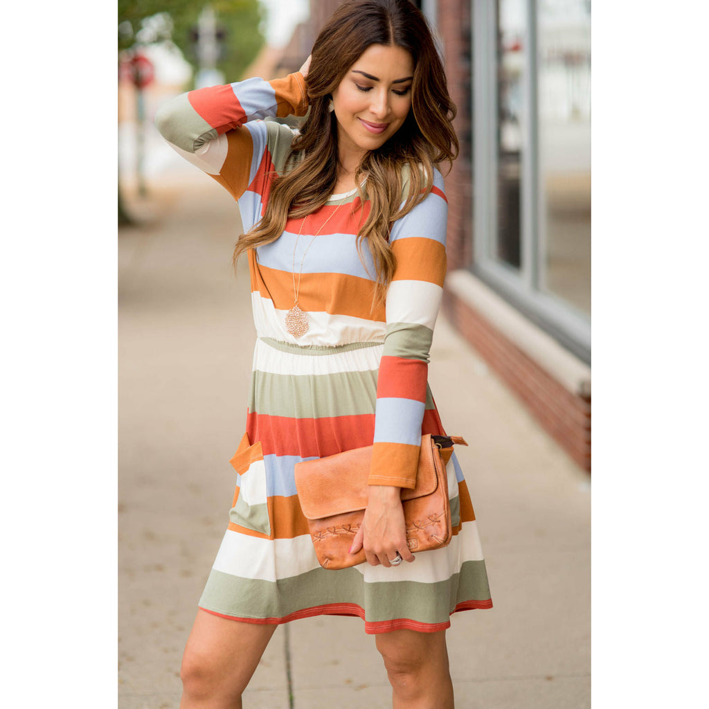 Striped Pocket Long Sleeve Dress - Betsey's Boutique Shop