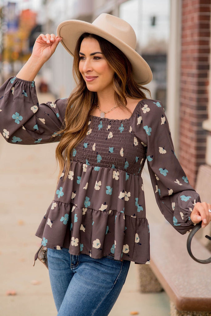 Blossoms Ruched Top Tiered Blouse - Betsey's Boutique Shop -