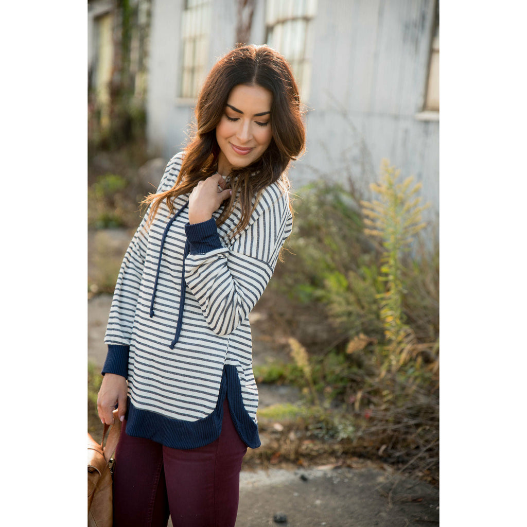 Striped Solid Trimmed Hoodie - Betsey's Boutique Shop - Shirts & Tops