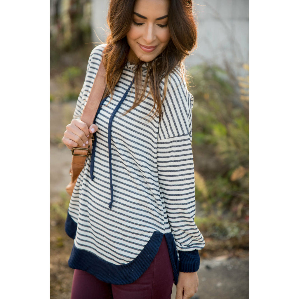 Striped Solid Trimmed Hoodie - Betsey's Boutique Shop - Shirts & Tops