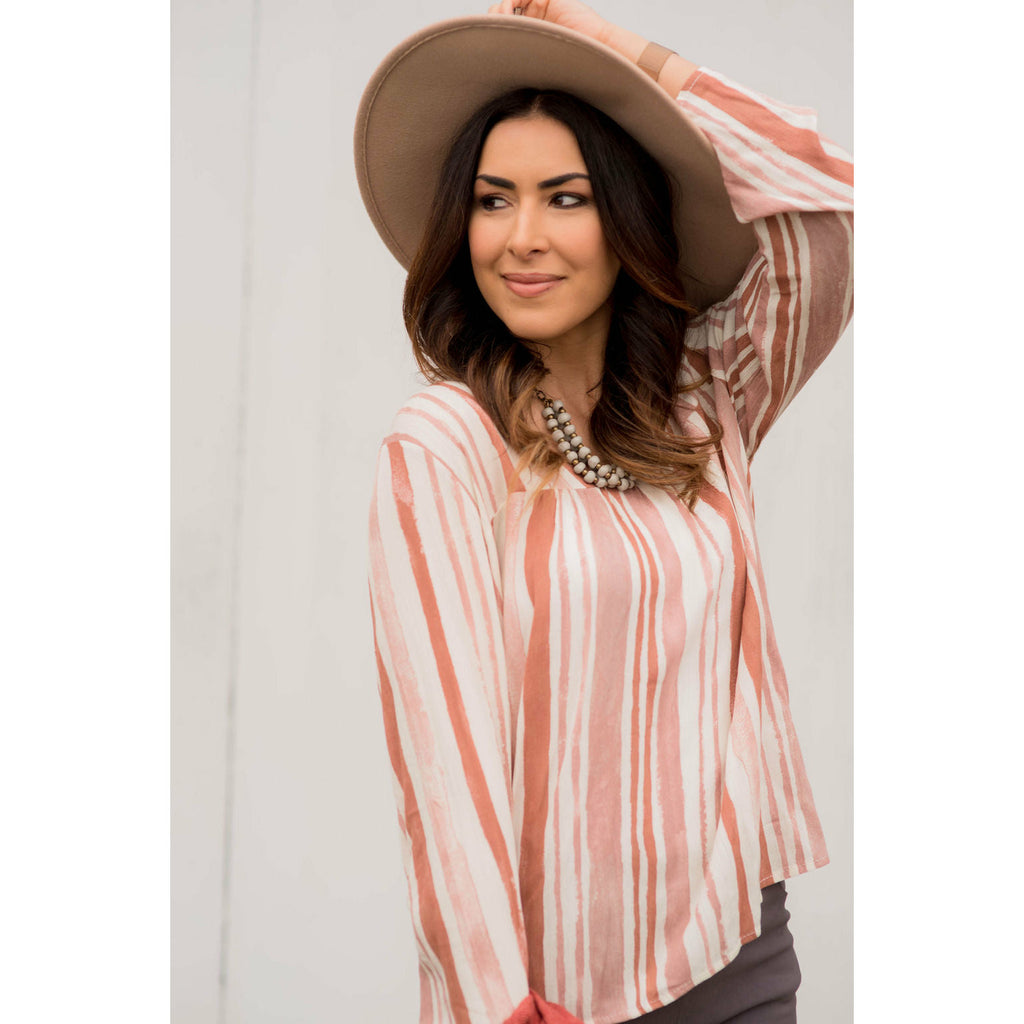 Striped Brush Stroke V Neck Blouse - Salmon - Betsey's Boutique Shop