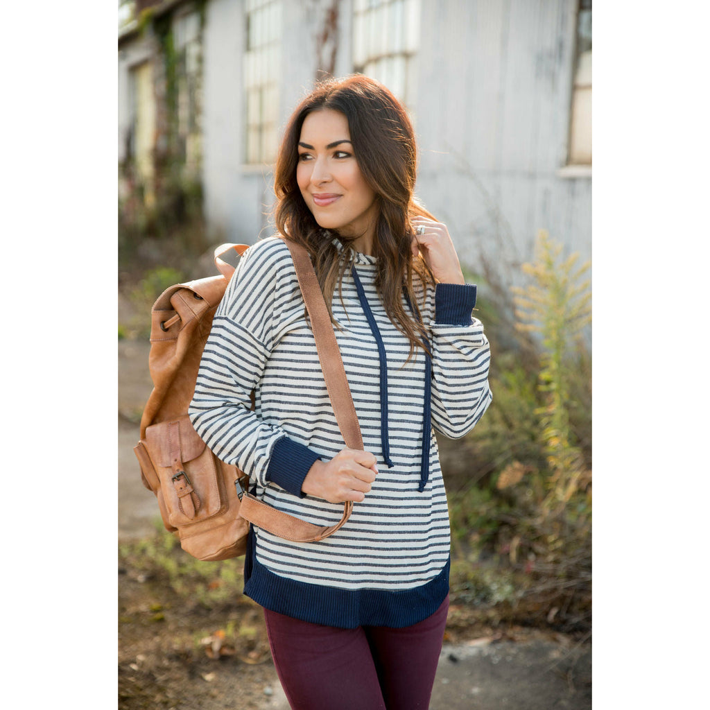 Striped Solid Trimmed Hoodie - Betsey's Boutique Shop - Shirts & Tops