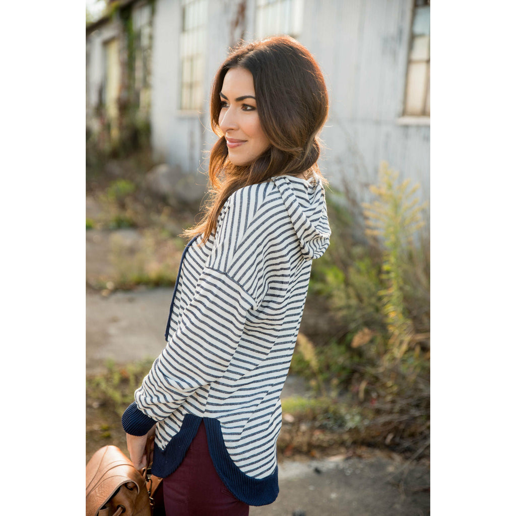 Striped Solid Trimmed Hoodie - Betsey's Boutique Shop - Shirts & Tops