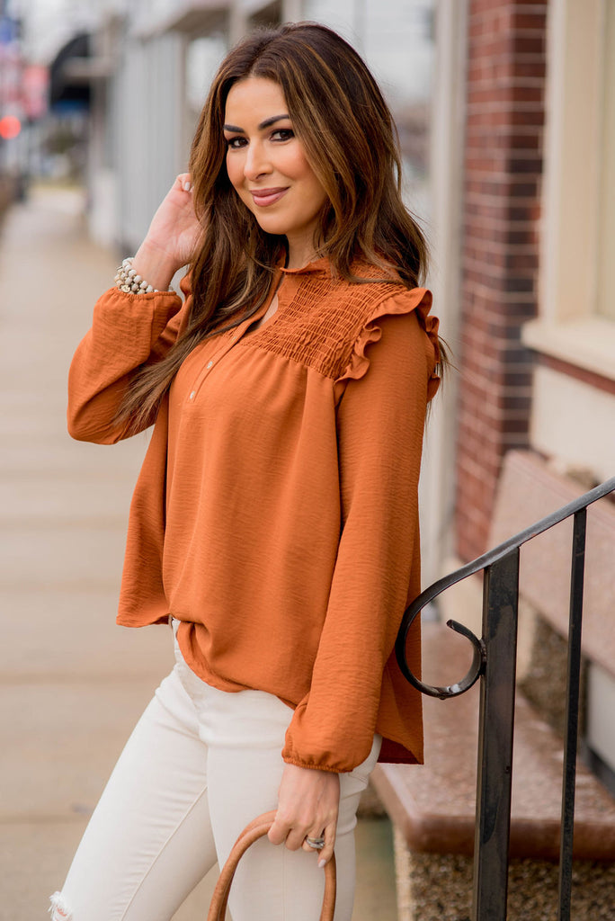 Ruched Ruffle Shoulder Blouse - Betsey's Boutique Shop -