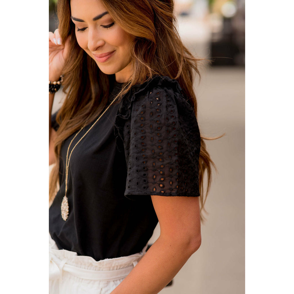 Eyelet Short Sleeve Blouse - Betsey's Boutique Shop