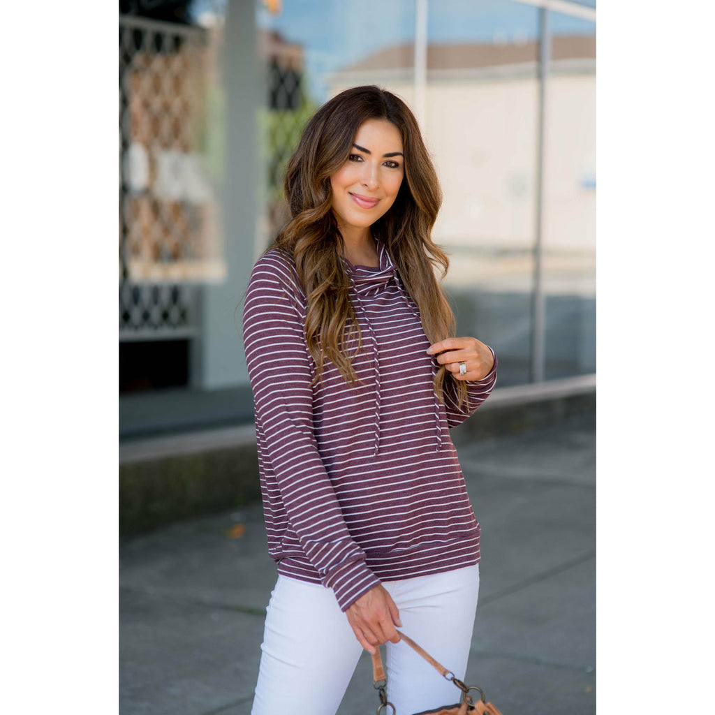 Striped Cowl Neck Drawstring Sweatshirt - Betsey's Boutique Shop