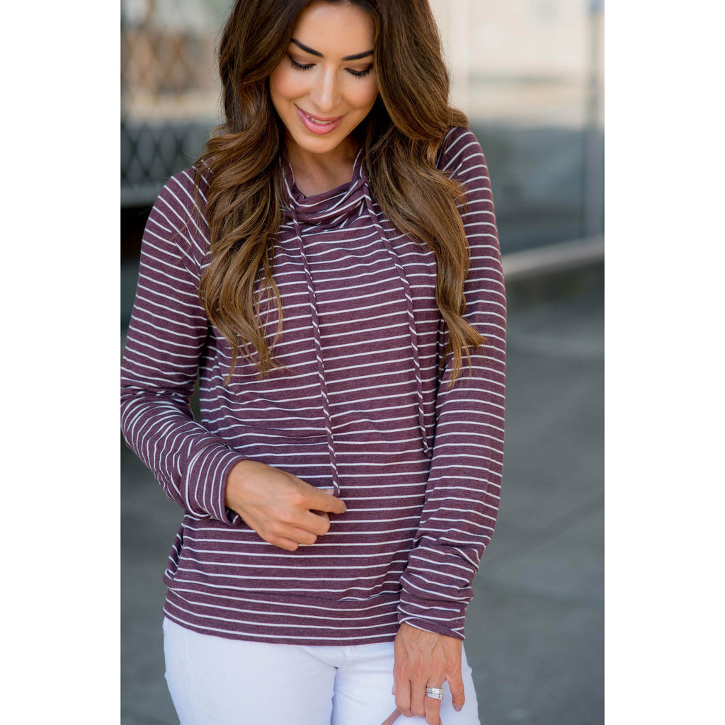 Striped Cowl Neck Drawstring Sweatshirt - Betsey's Boutique Shop