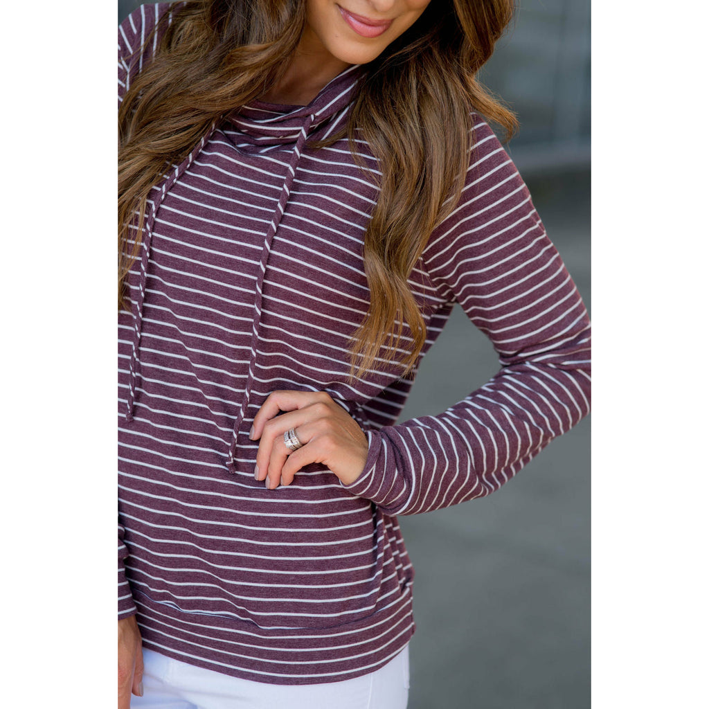 Striped Cowl Neck Drawstring Sweatshirt - Betsey's Boutique Shop