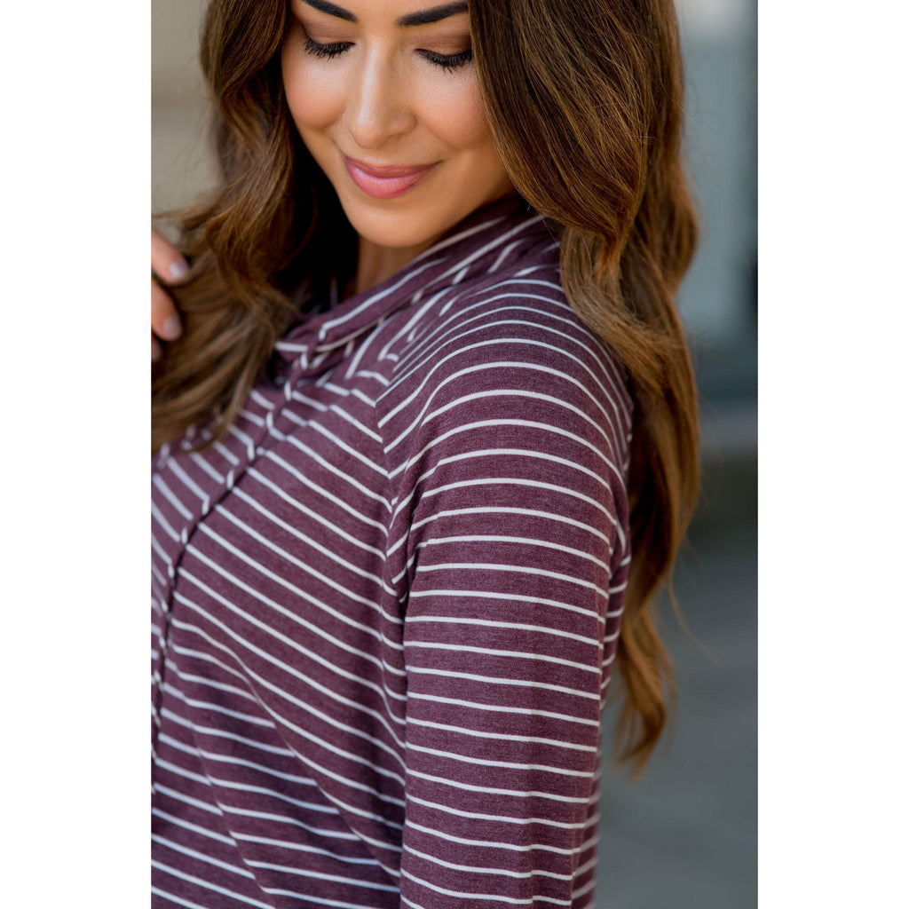 Striped Cowl Neck Drawstring Sweatshirt - Betsey's Boutique Shop