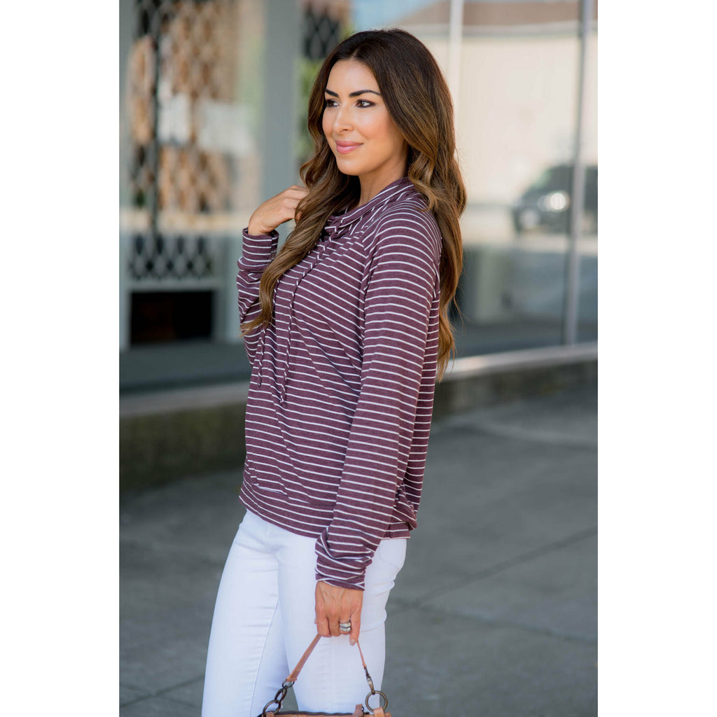 Striped Cowl Neck Drawstring Sweatshirt - Betsey's Boutique Shop