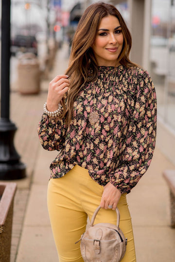 Blossoms Cinched Trim Blouse - Betsey's Boutique Shop -