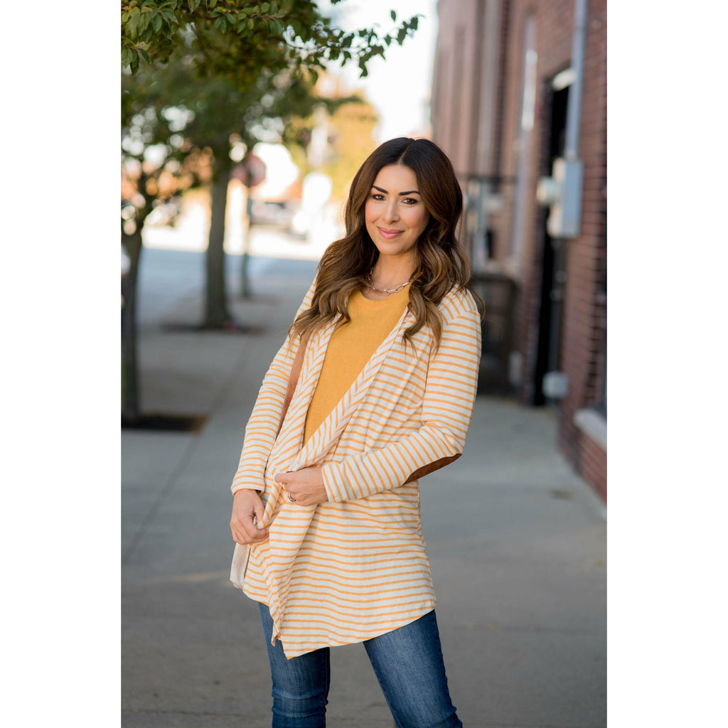 Striped Waterfall Elbow Patch Cardigan - Betsey's Boutique Shop