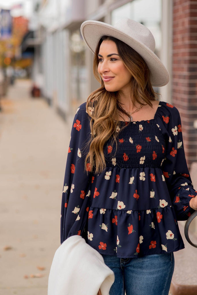 Blossoms Ruched Top Tiered Blouse - Betsey's Boutique Shop -