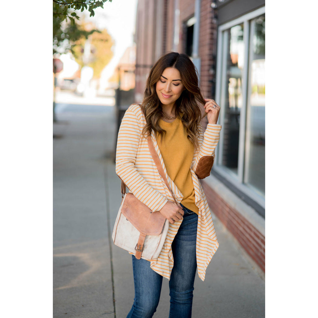 Striped Waterfall Elbow Patch Cardigan - Betsey's Boutique Shop