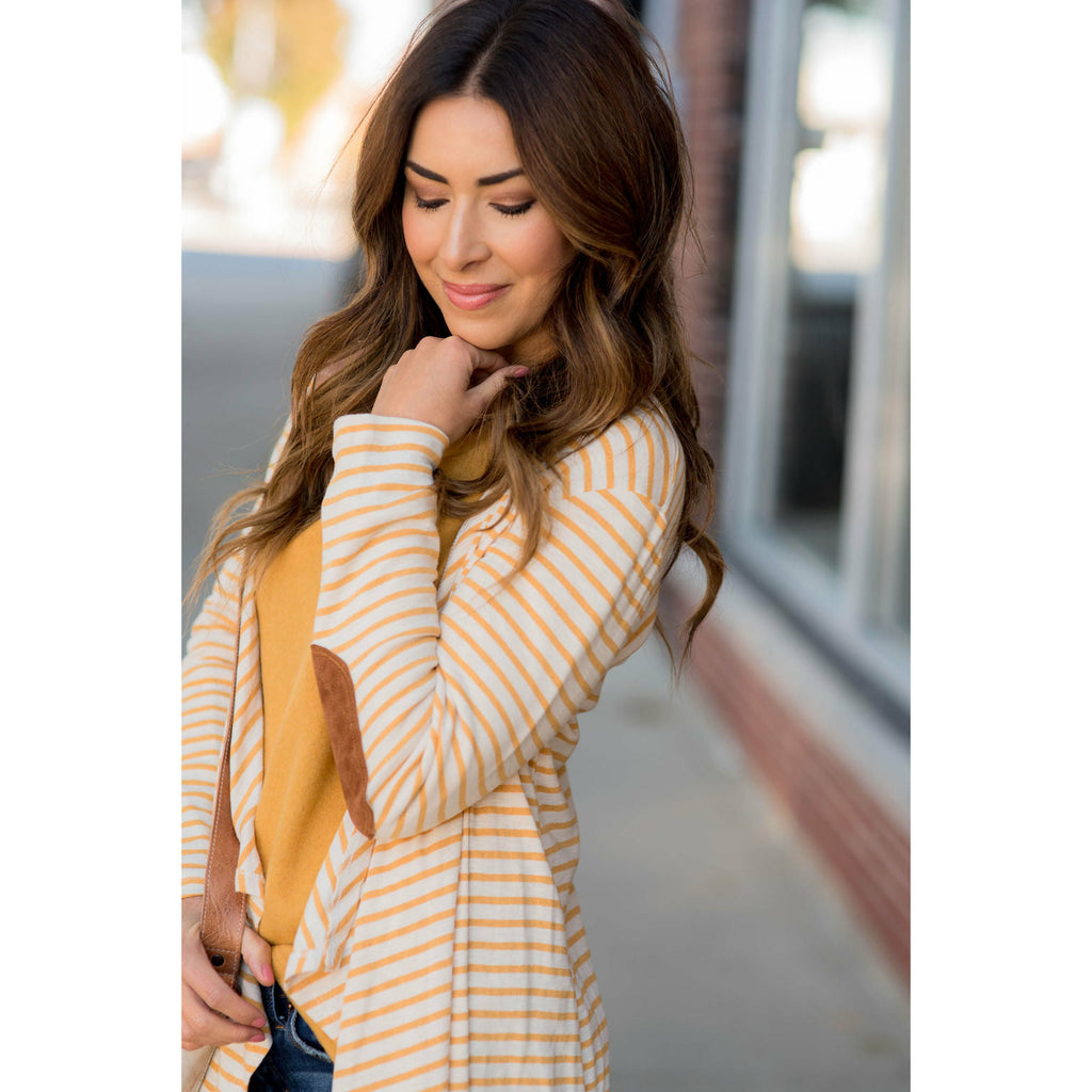 Striped Waterfall Elbow Patch Cardigan - Betsey's Boutique Shop