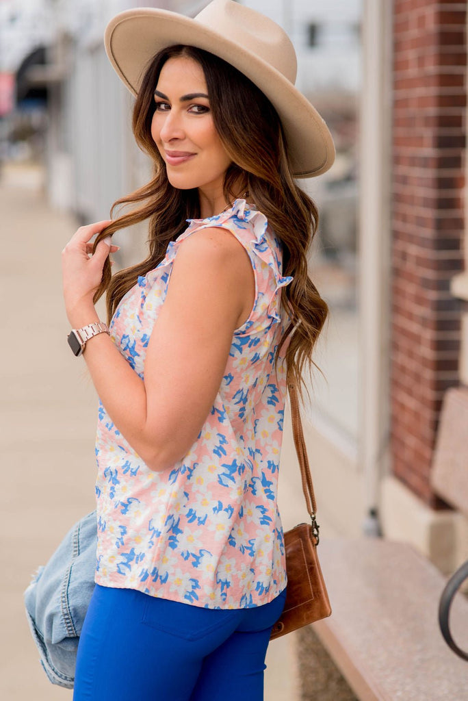 Sunshine & Daisies Ruffle Trim Tank - Betsey's Boutique Shop -