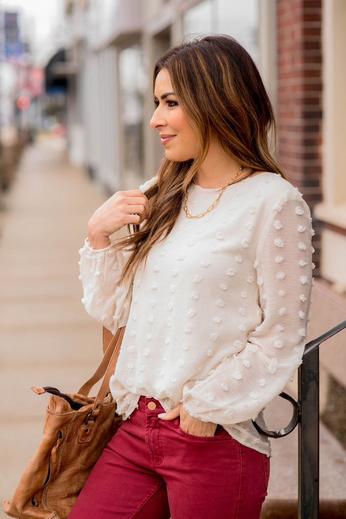 Textured Dot Cinched Neck Long Sleeve Blouse - Betsey's Boutique Shop