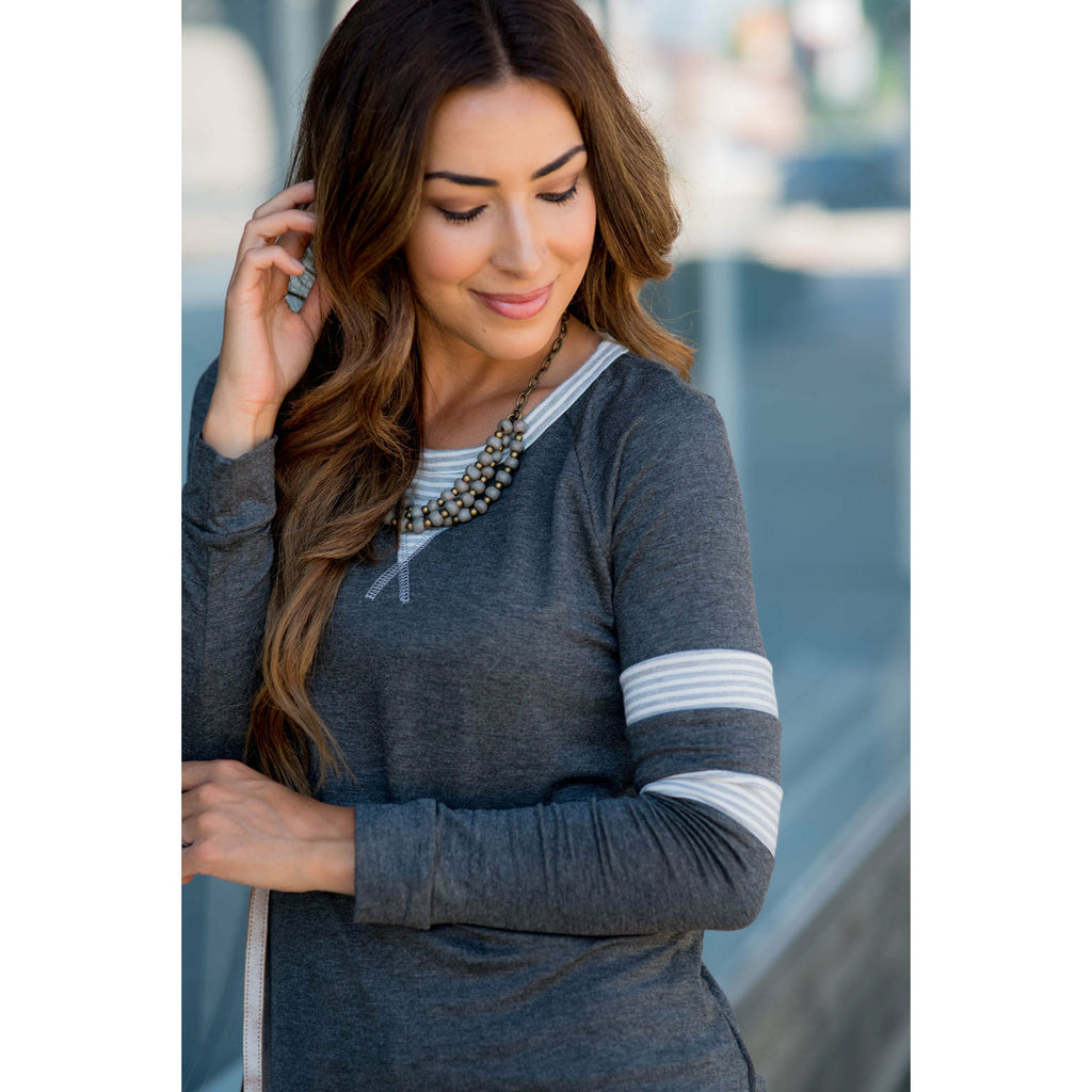 Double Striped Long Sleeve V Tee - Betsey's Boutique Shop