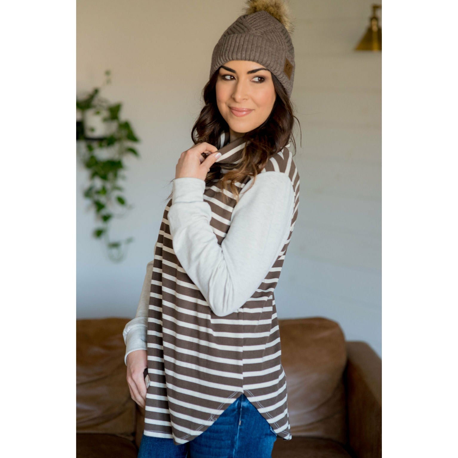Striped Body Cowl Neck Sweatshirt