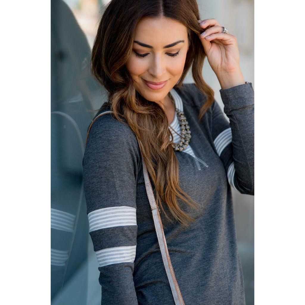 Double Striped Long Sleeve V Tee - Betsey's Boutique Shop