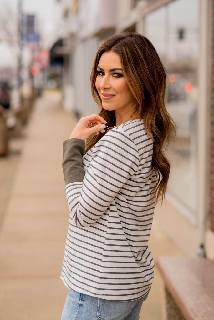 Striped Button Accent Long Sleeve - Betsey's Boutique Shop - Shirts & Tops