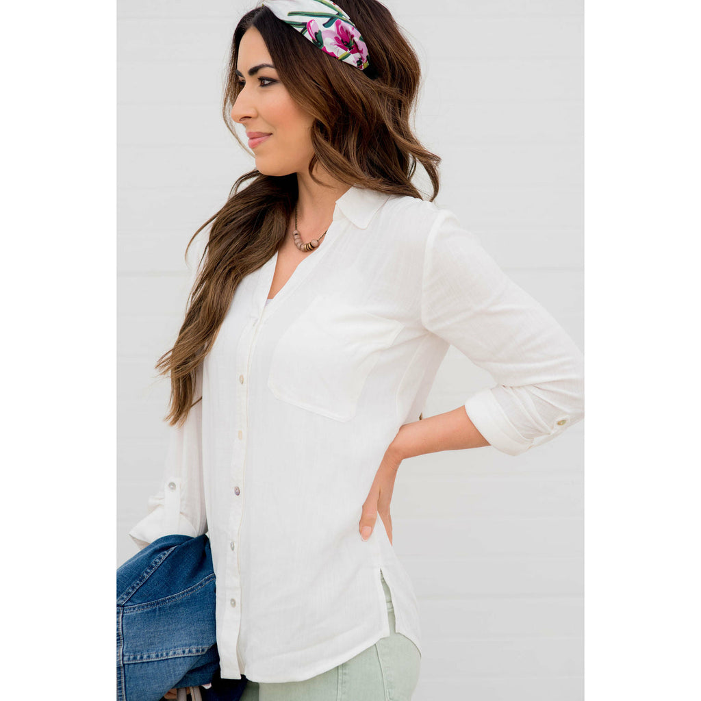 Lightweight 3/4 Sleeve Button Down Blouse - Betsey's Boutique Shop