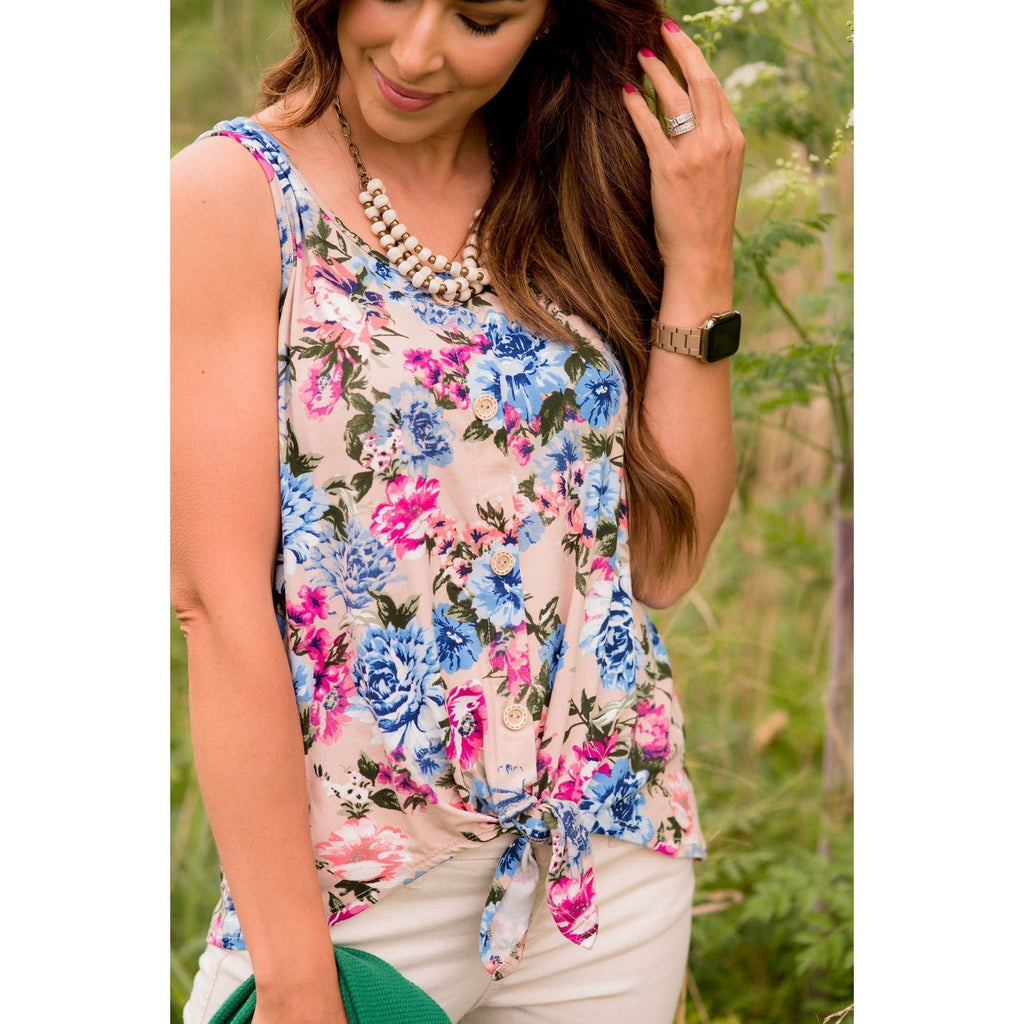 Khaki Floral Tie Front Tank - Betsey's Boutique Shop