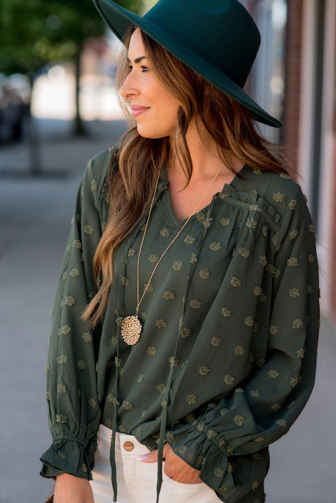 Textured Dot Drawstring Blouse - Betsey's Boutique Shop