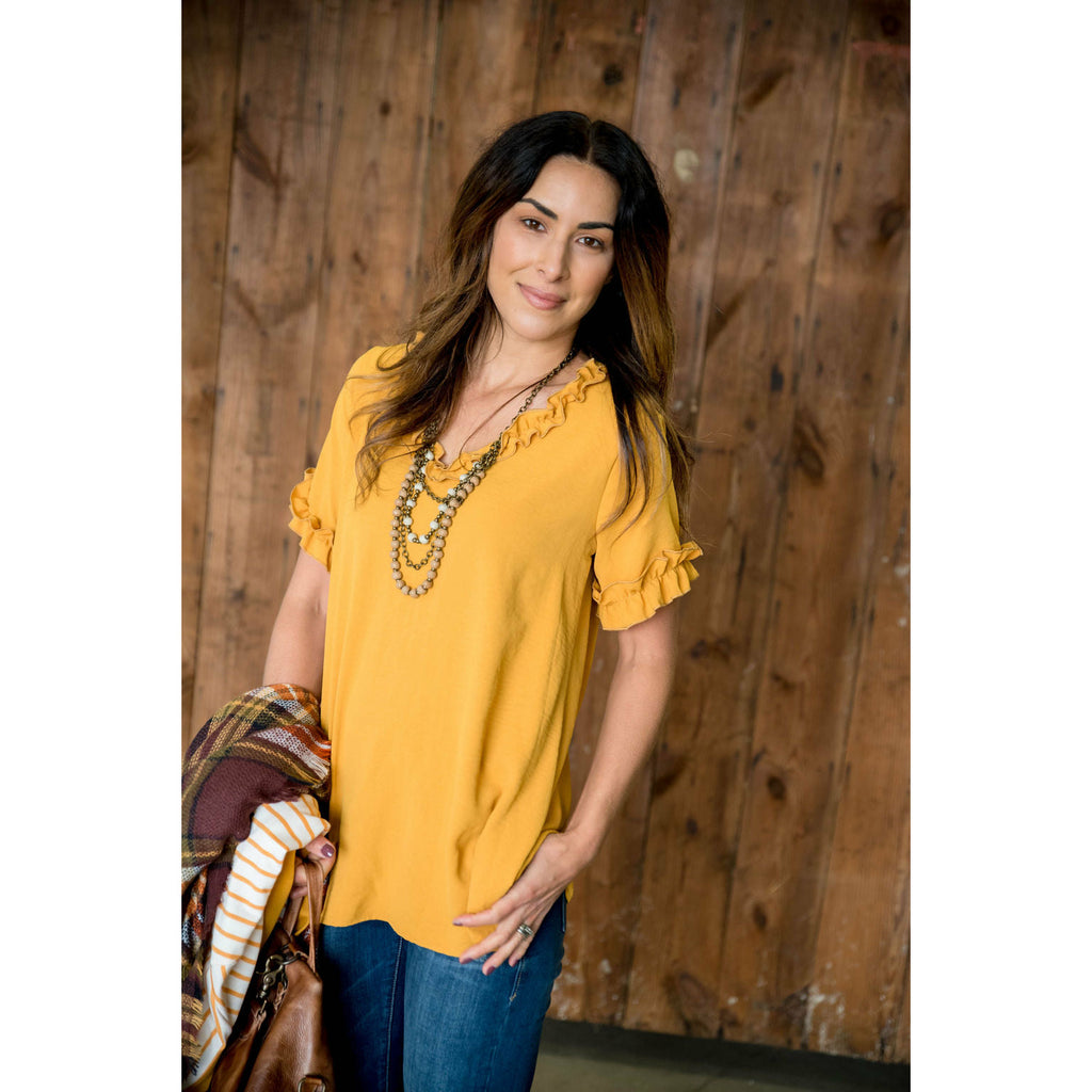 Mustard Ruffles V-Neck Blouse - Betsey's Boutique Shop